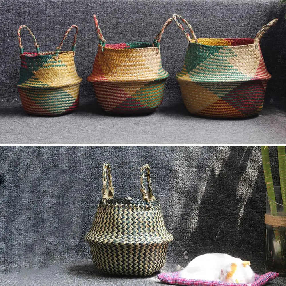 Straw storage basket with foldable handle for flowers and linen