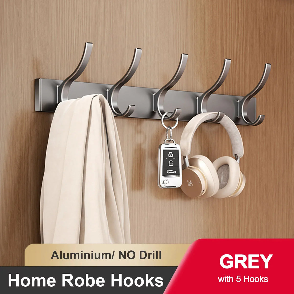 Wall adhesive hook for clothes and towels without drilling - Grey 5 Hooks