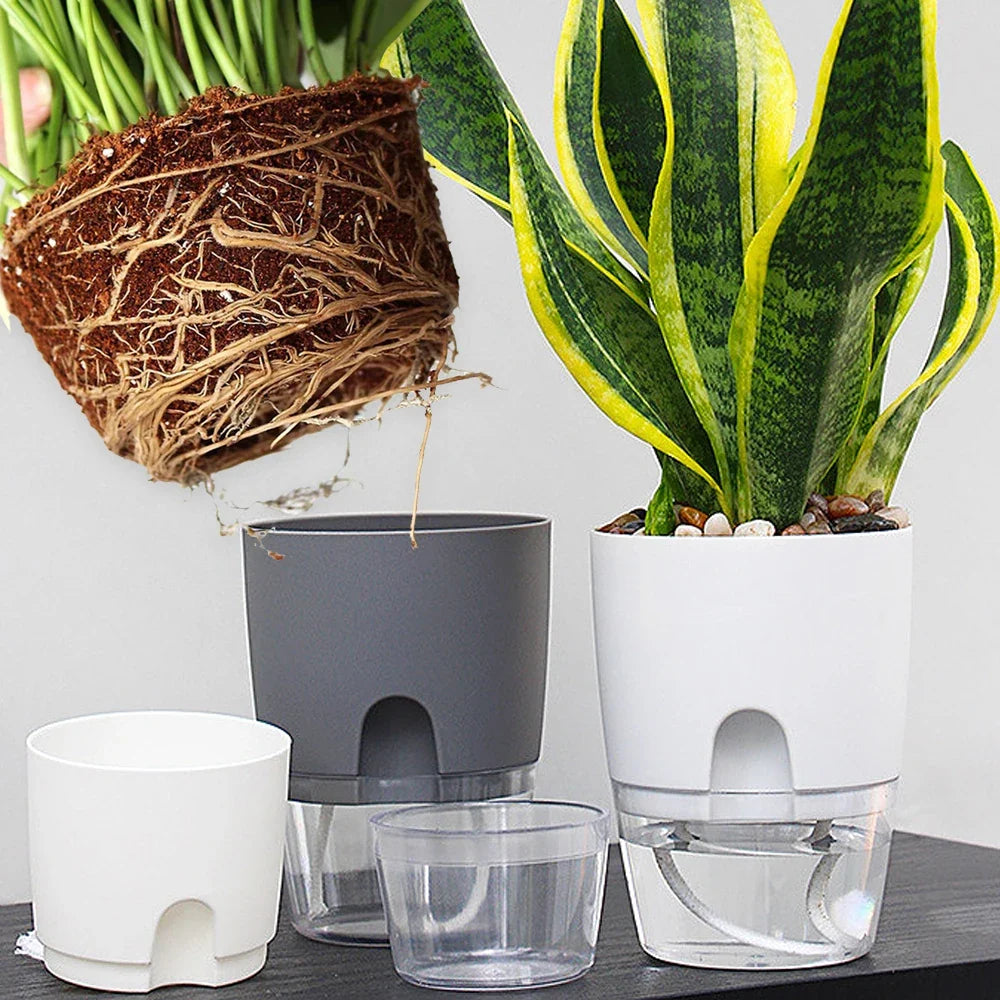 Plastic flower pot with automatic watering and absorbent rope