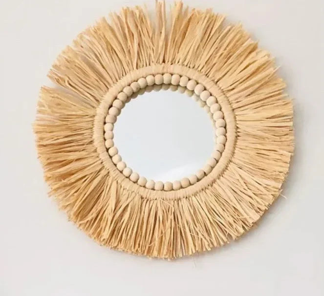 Bohemian decorative mirror in romantic woven straw for wedding - Miroir en raphia-C