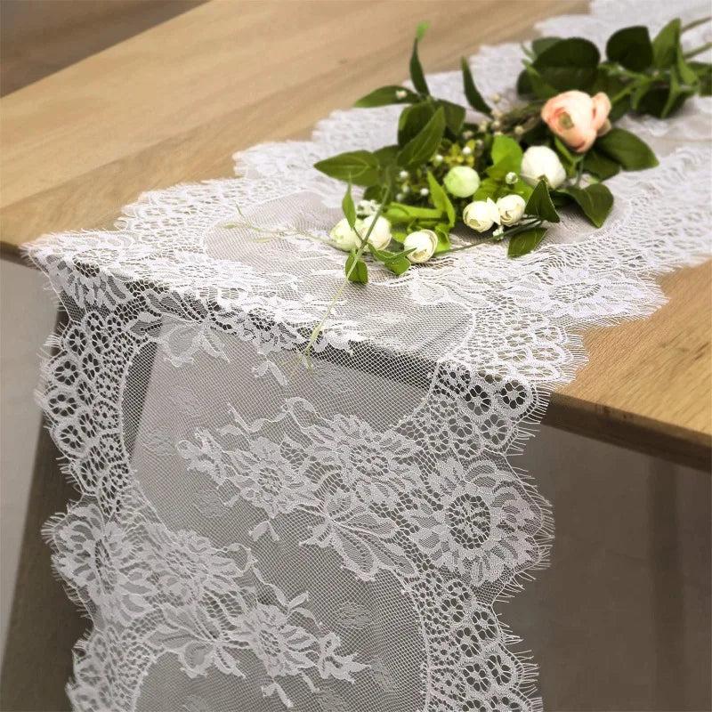 White Floral Lace Boho Table Runner, 36 x 300 cm, Design 1 - view 2
