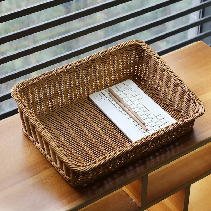 Service tray in woven basket rattan with handles for storage - view 4
