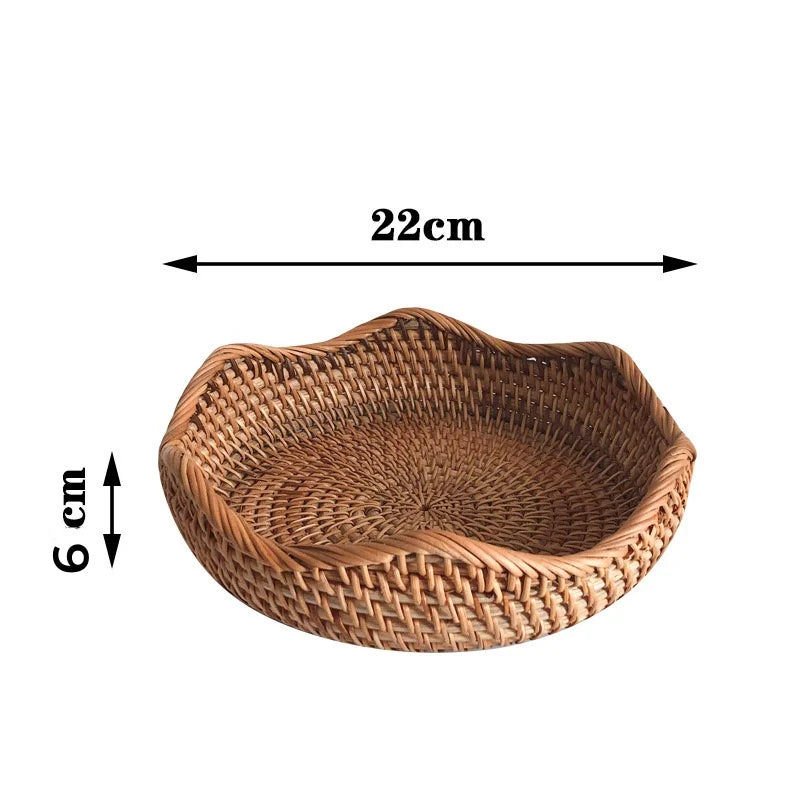 Round Rattan Woven Basket, Wicker Fruit Basket, Bread Food Kitchen Home decor Organizer, Breadbasket For Kitchen - 22x6cm