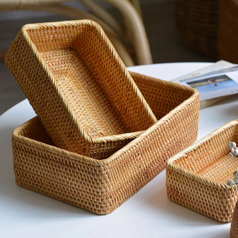 Hand woven rattan rectangular baskets for storage and decoration