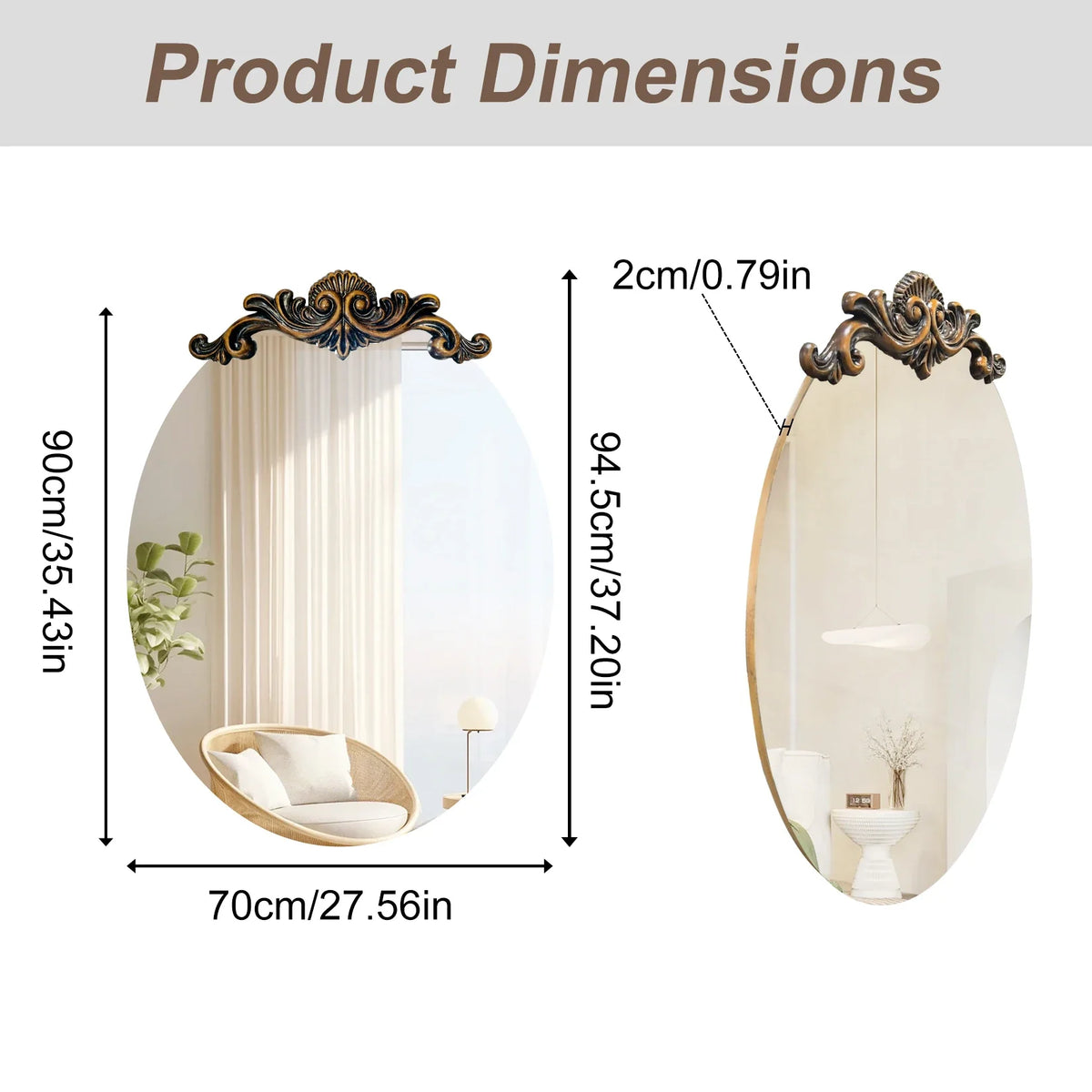 Oval Vintage Baroque Wall Mirror with Embossed Frame, Design 2 - 70x94.5cm