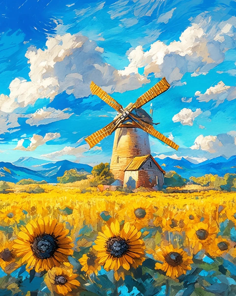 Painting kit by number field of sunflowers windmill artisanal decoration - C2296 / DIY Frame 50x65cm