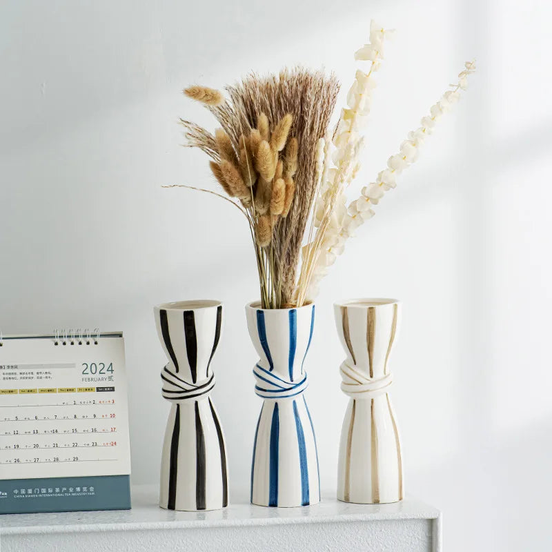 Double Ear Ceramic Vase, Abstract Black and White Striped Hydroponic Vase, Living Room Decoration, Room Aesthetic Decoration - view 2