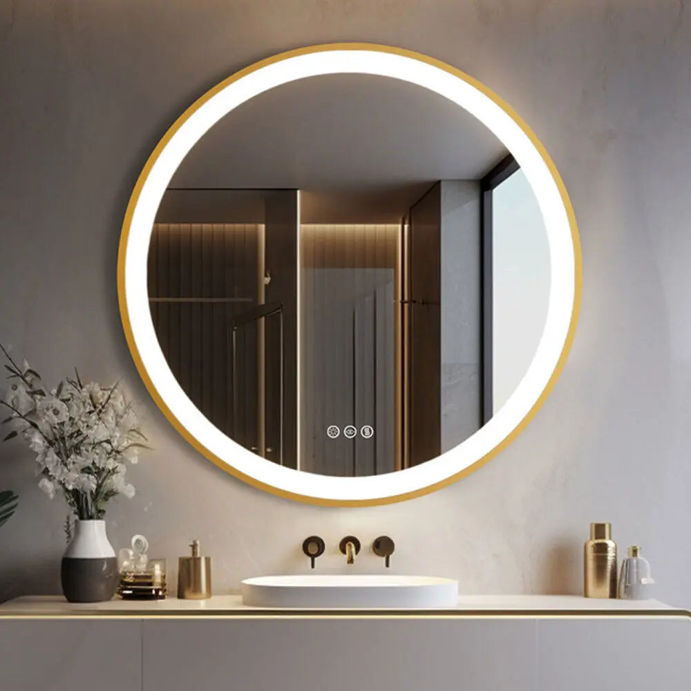 Round illuminated mirror with golden frame and memory function