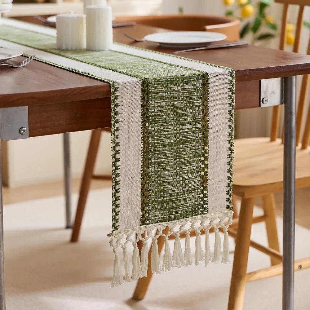 Striped table runner bohemian beige woven pom-poms - 30x50 placemat