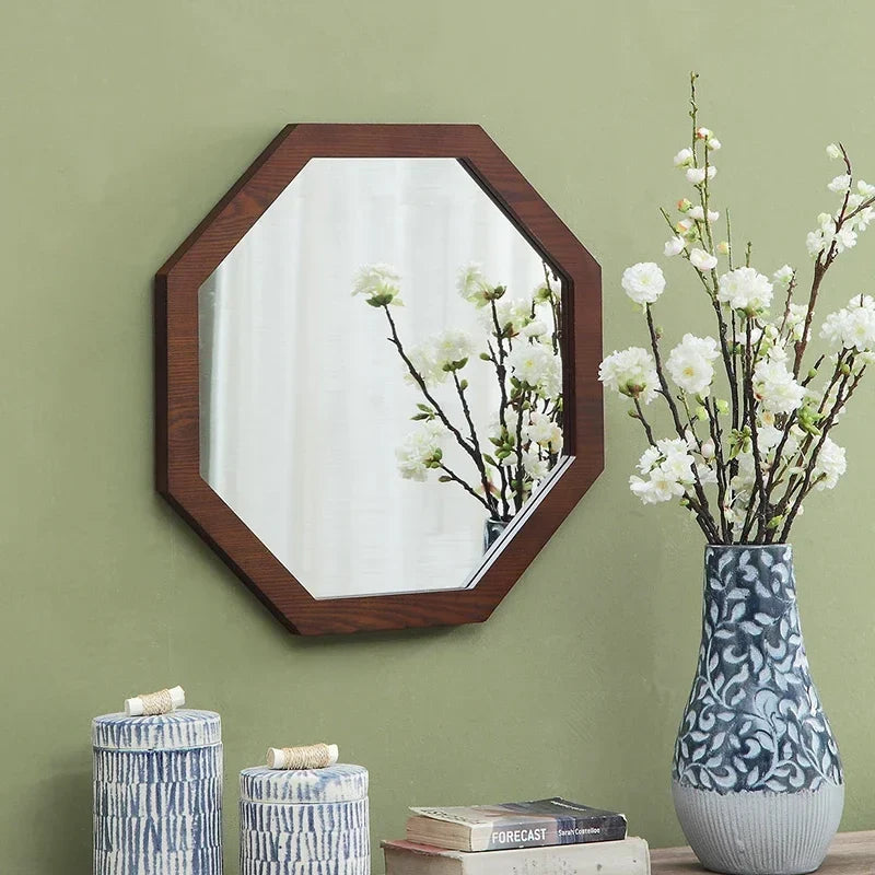 Vintage ash wood wall mirror for bathroom - Miroir octogonal 492