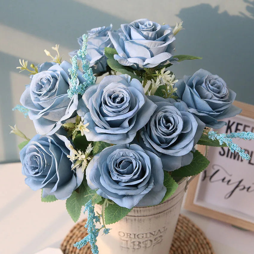45cm Silk Rose Bouquet for Wedding Decor - Blue