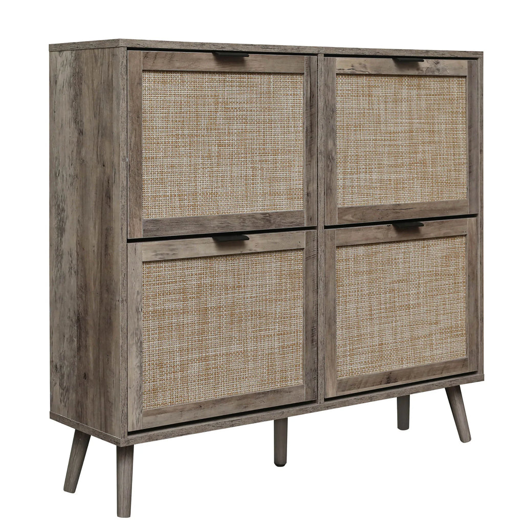 Shoe Cabinet Retro Country House Style, with 4 Rattan Flaps, Wooden Shoe Rack, Shoe Storage Chest for 20-36 Pairs of Shoes - Retro Grey / 105x24x90.9cm