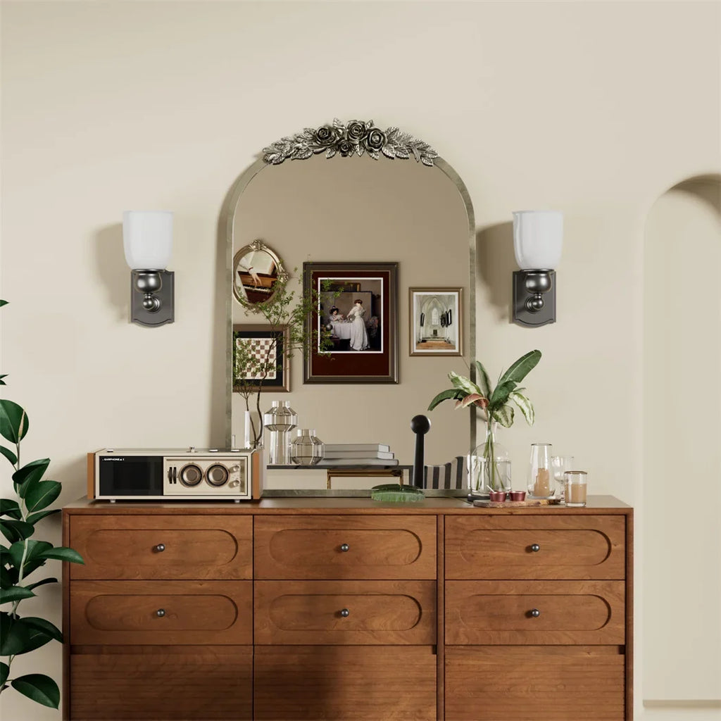 Antique Brass Arched Wall Mirror with Rose Accent for Entryway - view 2