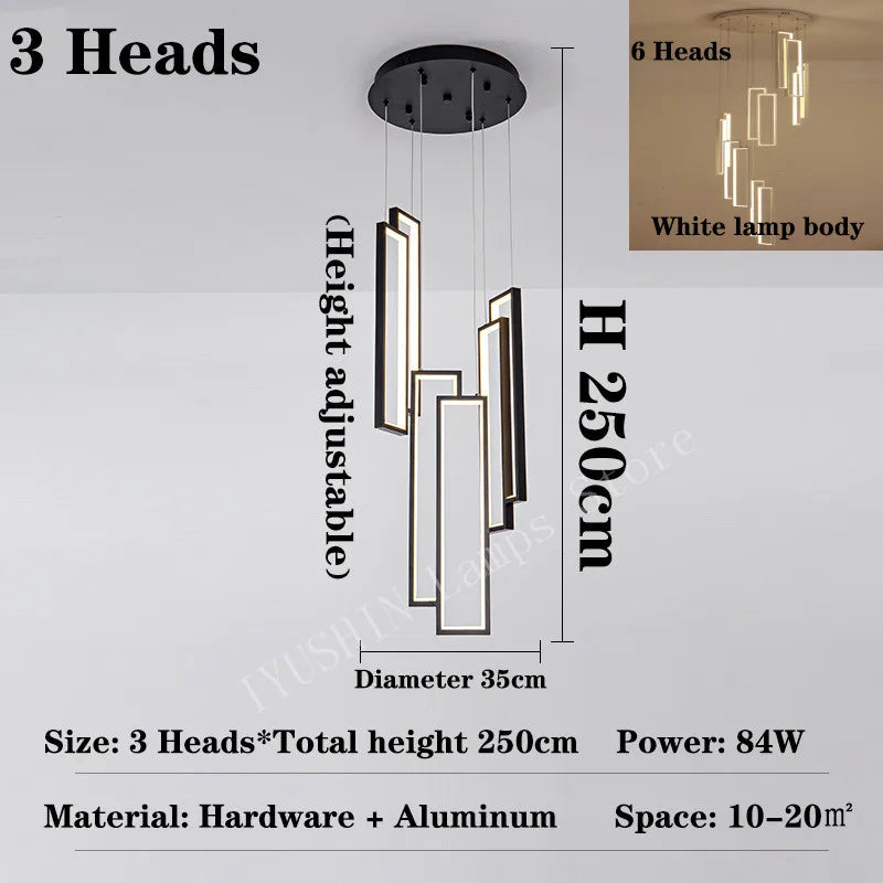 Modern led chandelier for creative duplex decoration - Neutral Light 4000K / 3 Heads / Black Lamp Body