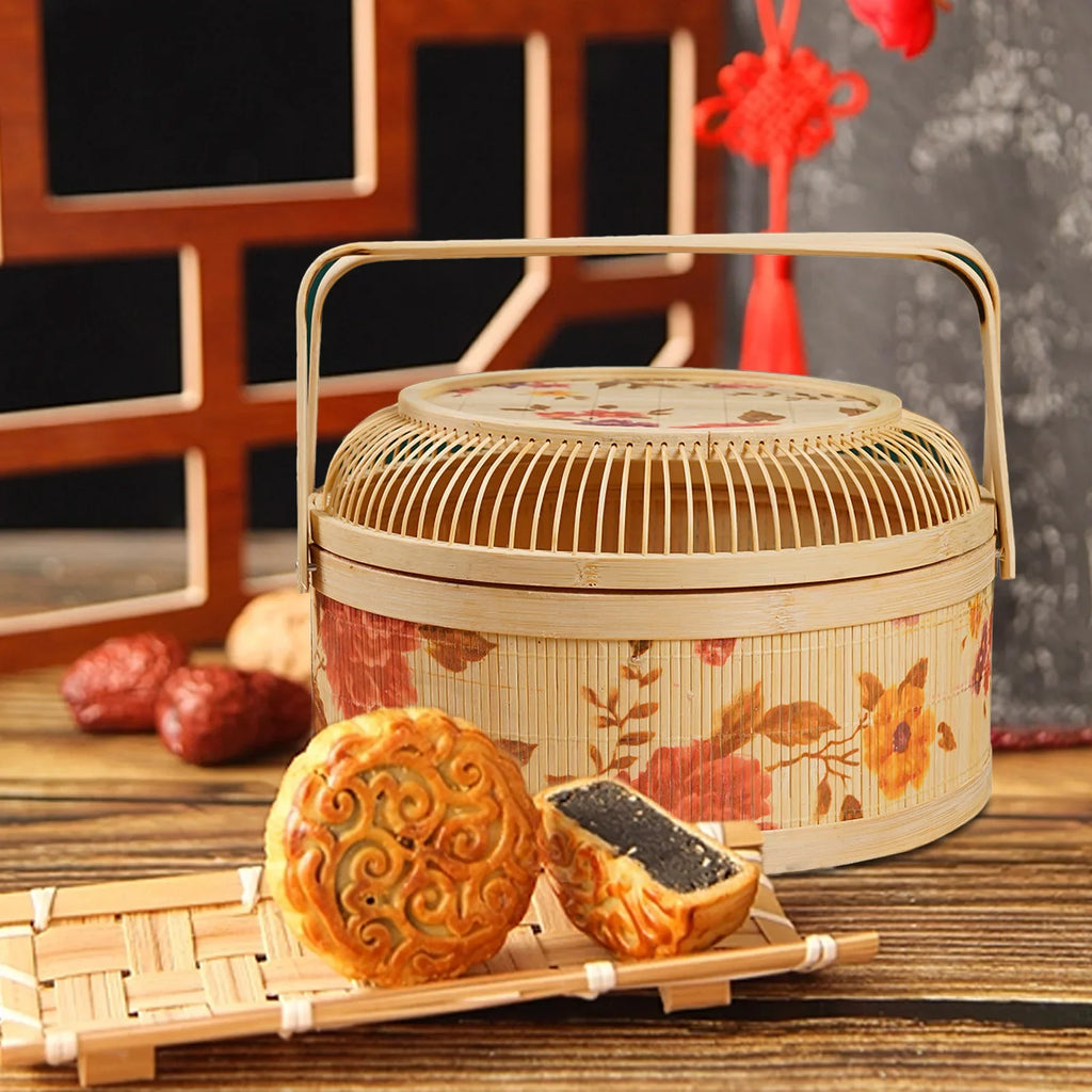 Handmade Woven Basket With Hollow Cover, 26x26x10cm Kitchen Bamboo Woven Tote Basket For New Year And Spring Festival - view 6