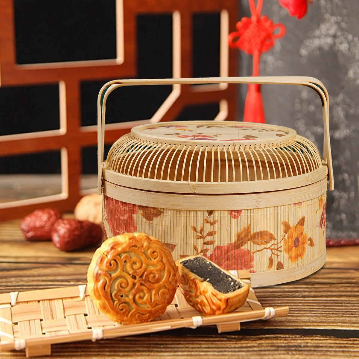 Handmade Woven Basket With Hollow Cover, 26x26x10cm Kitchen Bamboo Woven Tote Basket For New Year And Spring Festival - view 6