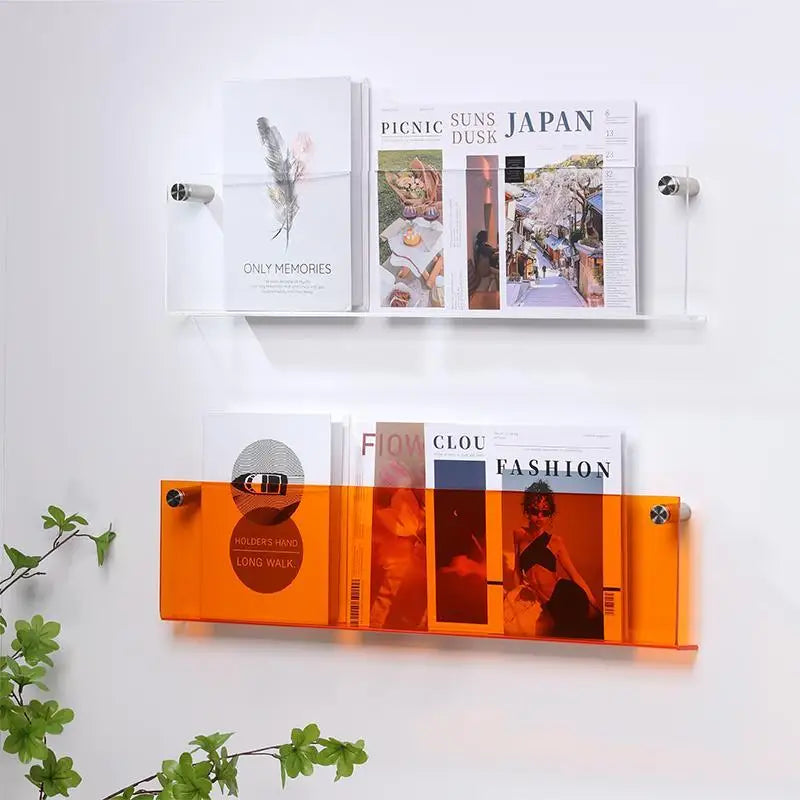 Floating acrylic wall shelf with magazine holder and literature organizer - view 6