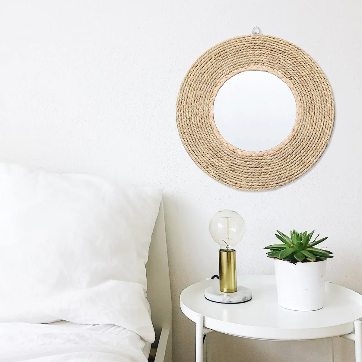 Decorative round boho wall mirror in vintage rattan - view 2