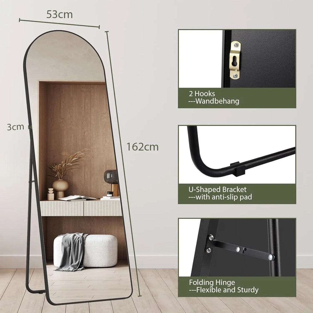 Full Length Mirror Standing Hanging or Leaning Against Wall Large Bedroom Floor Mirror Dressing, Aluminum Alloy Frame 162cm - Black Arched