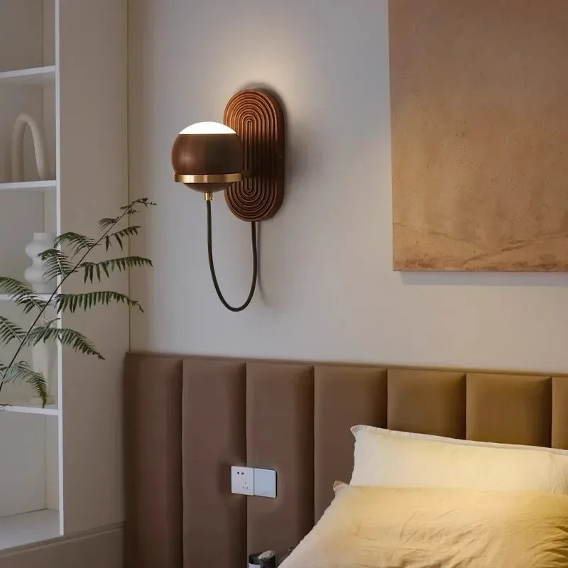 Walnut Wood Circular Sphere, Modern Wabi-sabi minimalist Wall Sconce light for Bedroom, Bedside, Living, Dining Room - view 2