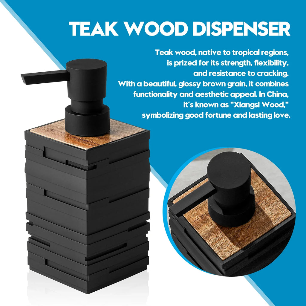 Matt black soap dispenser with high capacity teak wood decor - view 5