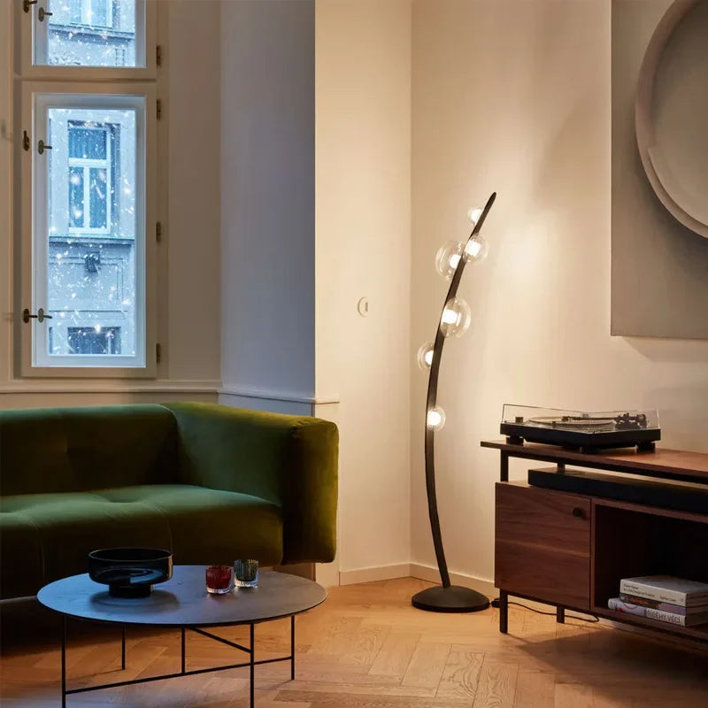 Design floor lamp in Italian leather with glass ball