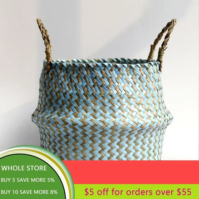 Foldable wicker storage basket handmade patchwork seagrass - view 2