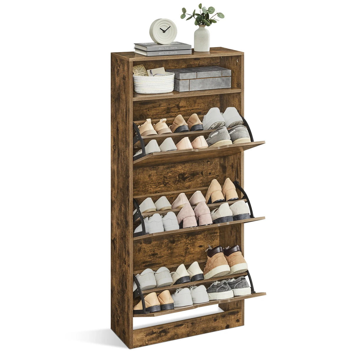 3 Doors Battling Shoe Cabinet, Open compartment, Adjustable separator, 14 to 18 Pairs, 24 x 60 x 139 cm, Brown - view 3