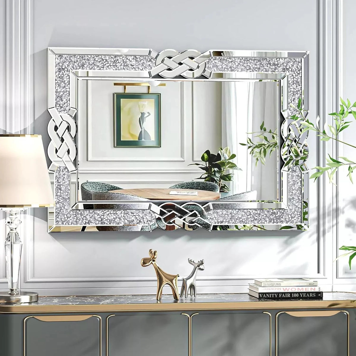 Rectangular glass mirror with decorative crystal frame - Silver 120x60cm