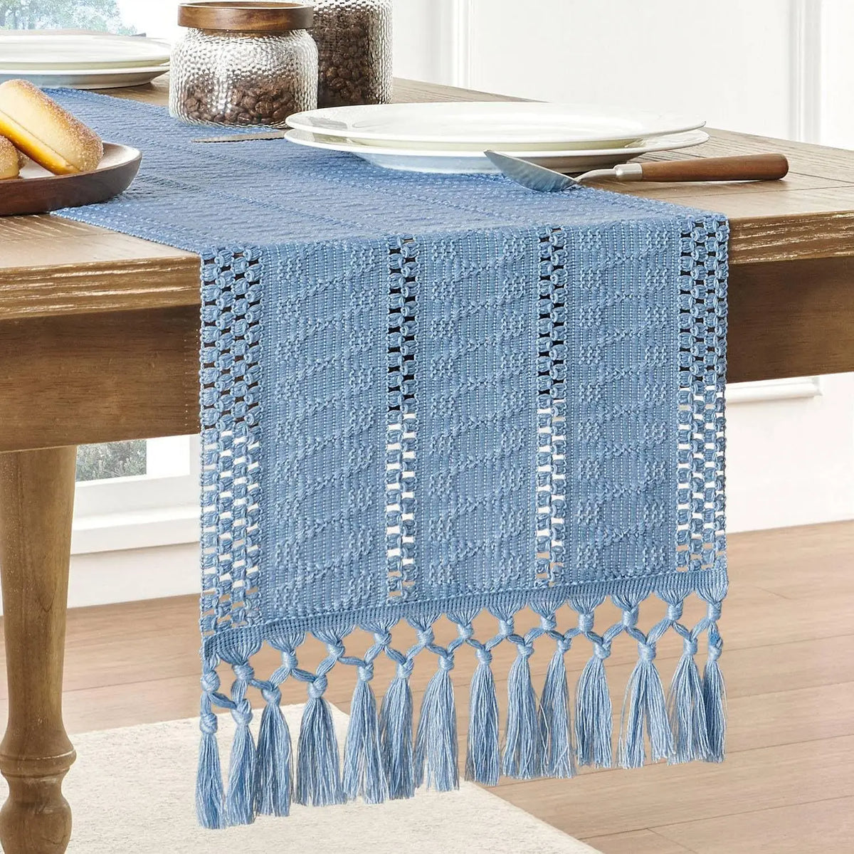 Table runner macrame bohemian ivory woven fringes - 30x120cm