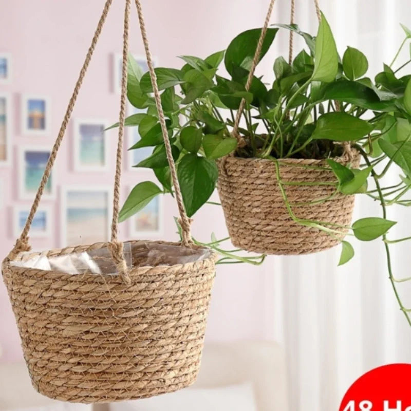Hanging gardener in macrame storage basket for outdoor indoor plants