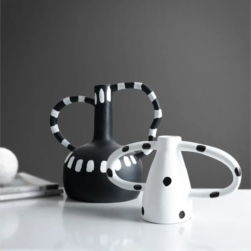 Black And White Polka Dot Double Ear Vase Decoration, Cave Style Homestay Sample Board Room Minimalist Flower Set - view 2