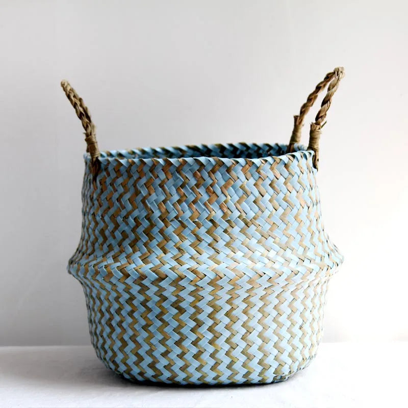 Boho wicker storage baskets hand-made foldable decoration - Blue and brown / 23cmX20cm