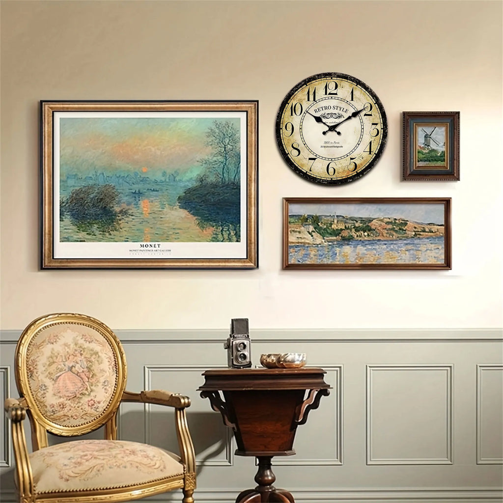 1pc retro wooden wall clock, wall clock designed by Paris watchmaker, non-ticking round silent clock, suitable for living room b - view 6