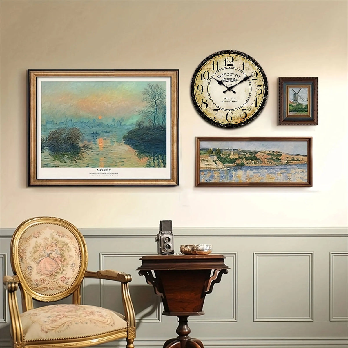 1pc retro wooden wall clock, wall clock designed by Paris watchmaker, non-ticking round silent clock, suitable for living room b - view 6