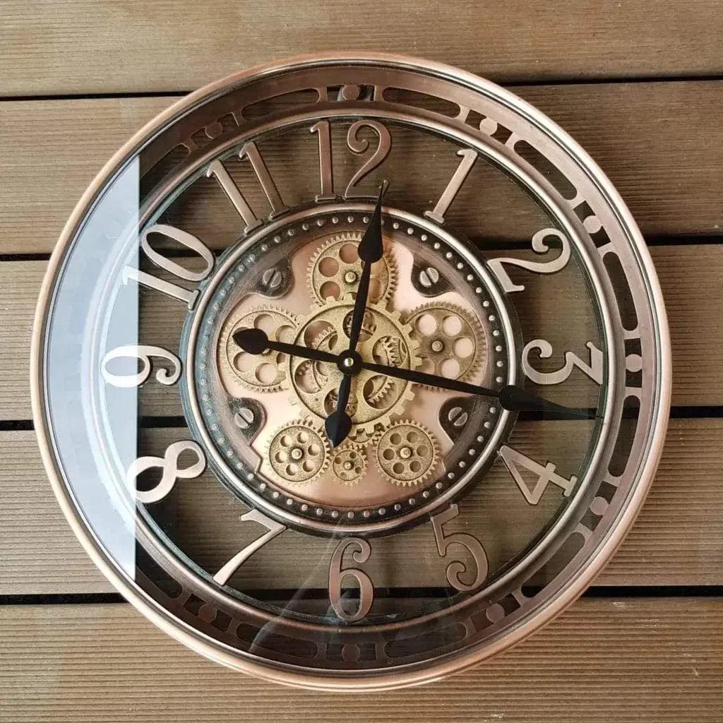 Industrial metal wall clock with decorative movable gears - Copper-Arabic