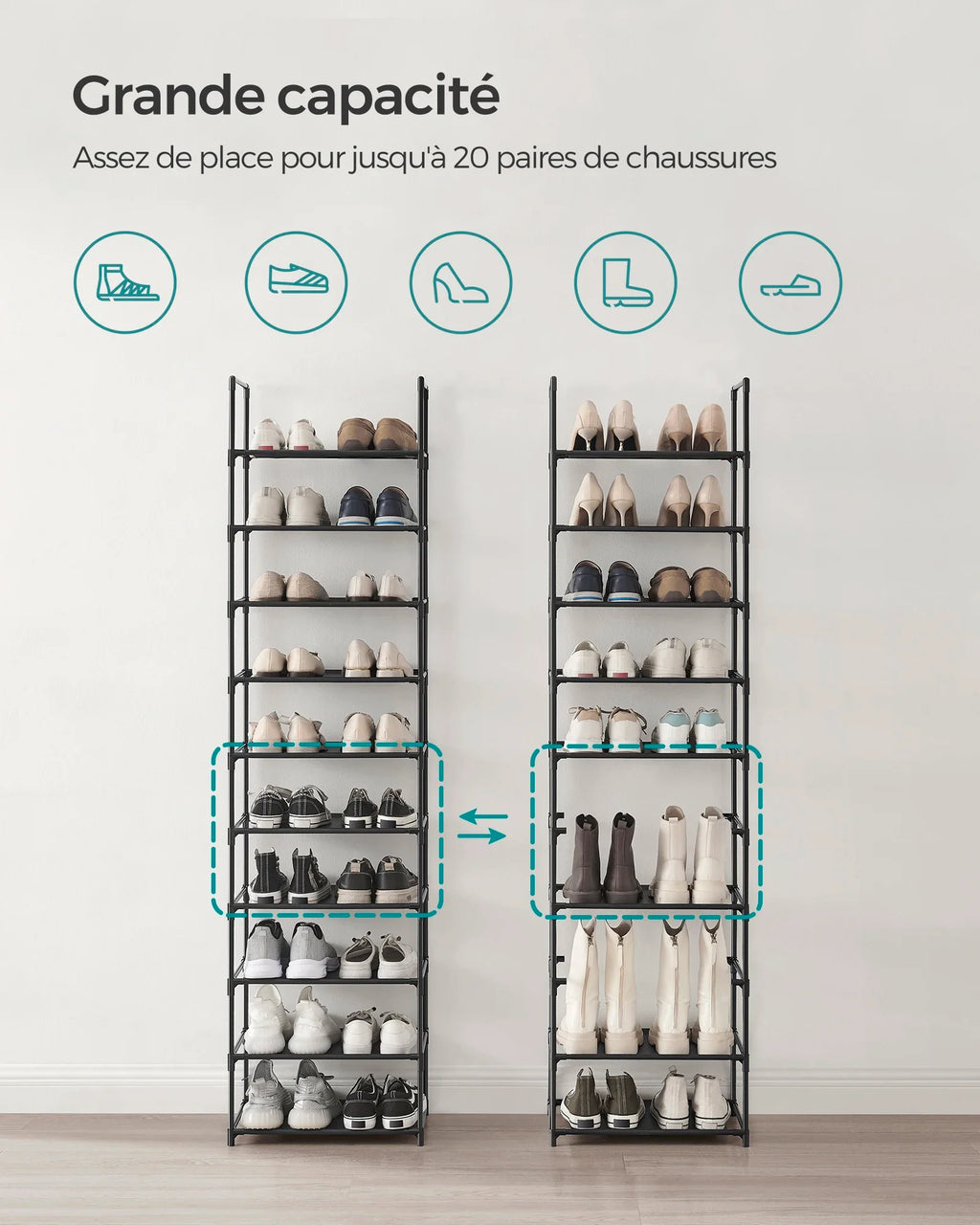 SONGMICS Shoe Rack, 10 Tiers, Narrow Shoe Rack, 28 x 45 x 173 cm, Metal Frame, Non-Woven Fabric Shelves, Hallway, Bedroom - view 2