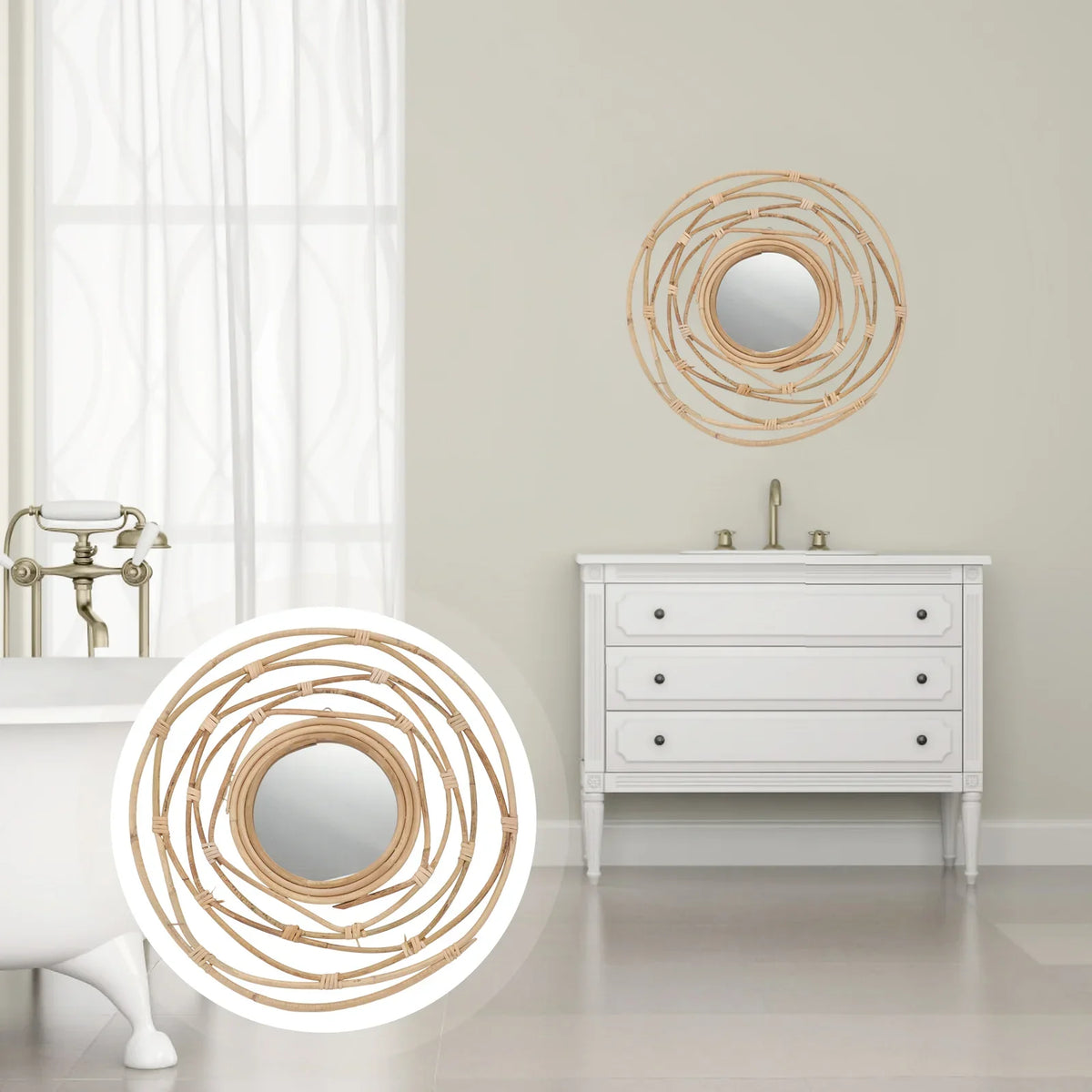 Wall mirror in braided rattan bohemian style to hang - view 5