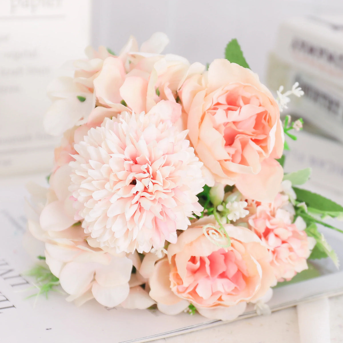 Artificial flowers silk peony hortensia decoration wedding bouquet - Champagne Pink