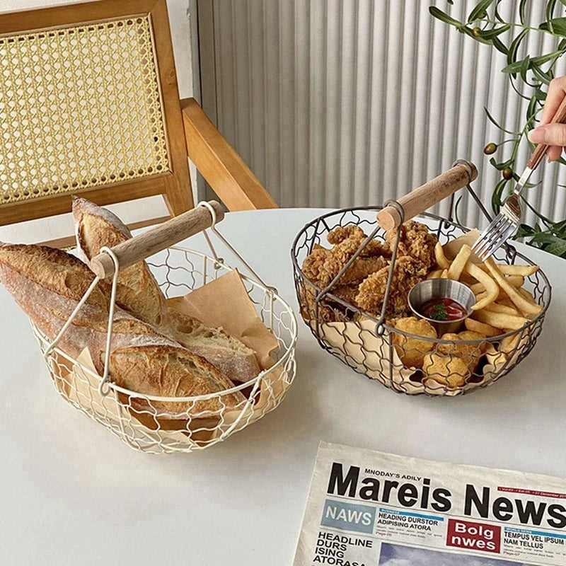 Basket made of iron for vegetable fruits and bread with wooden handle - view 4