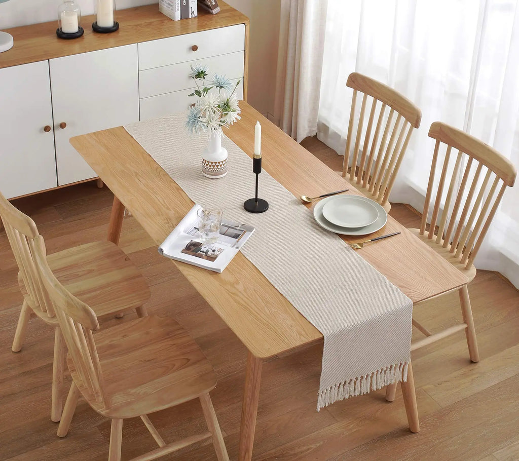 Embroidered Beige Linen Table Runner in Rustic Farmhouse Style - view 7