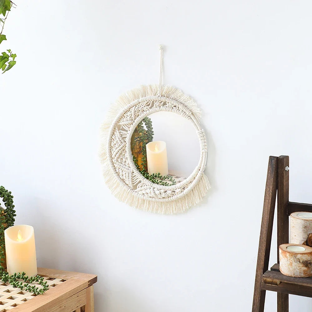 Bohemian Macrame Wall Mirror, Handwoven Cotton Rope - Miroir M01209