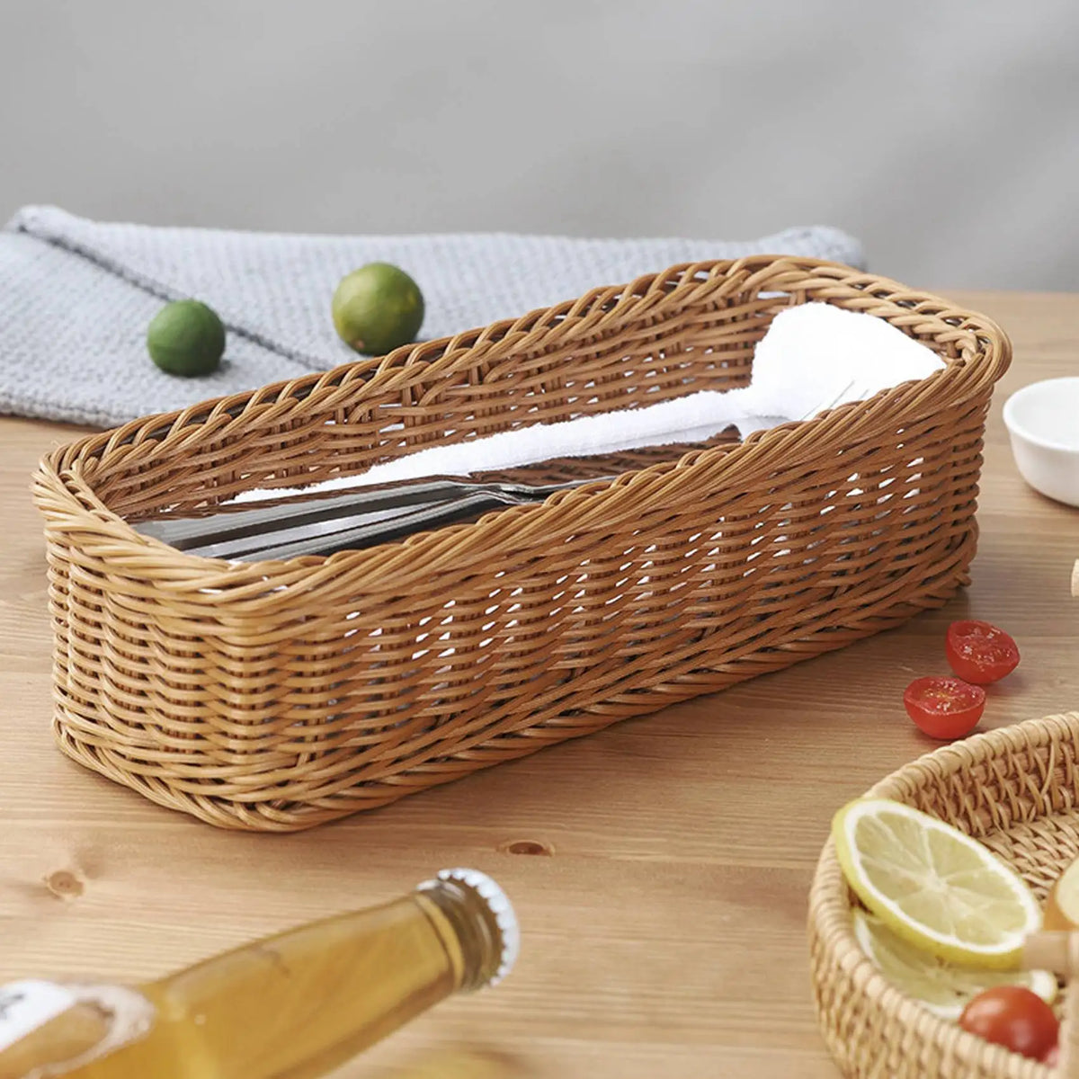 Desktop Cutlery Storage Basket Woven Basket Restaurant Tableware Drain Storage Box Tableware Storage Basket, Brown - view 5