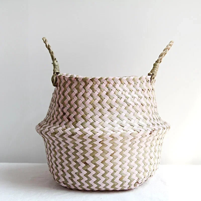 Foldable wicker storage basket handmade patchwork seagrass - Pink / 23cmX20cm