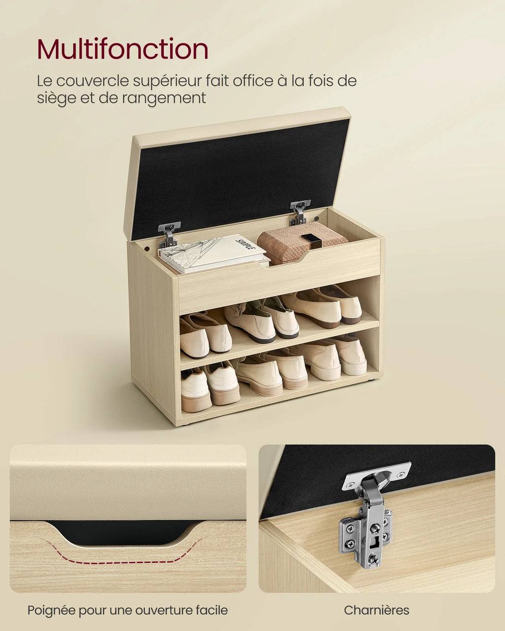 VASAGLE Shoe Bench, Bench, Shoe Rack with Padded Cushion, Shoe Organiser with 3 Levels, 30 x 60 x 44 cm, for Hallway - view 2