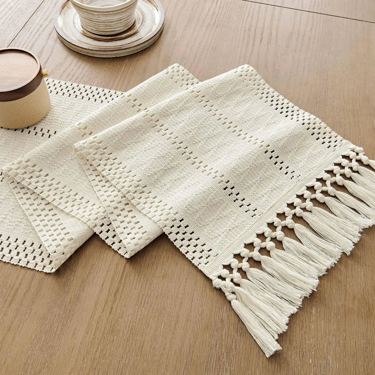 Macrame table runner bohemian ivory woven striped - view 2