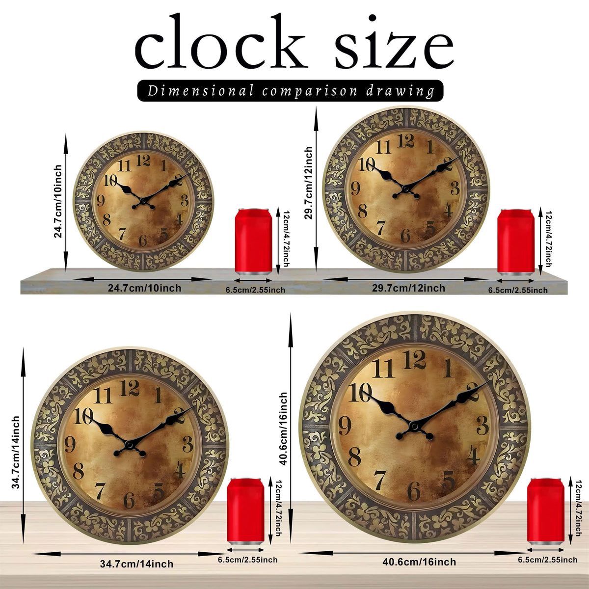 Wooden silent wall clock, antique brass pattern design, modern design, home decoration, living room dining room decoration - view 3