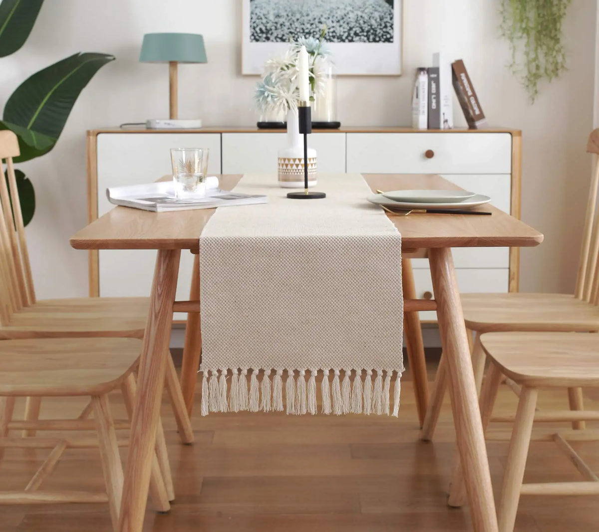 Embroidered Beige Linen Table Runner for Dining Room Decor - view 6