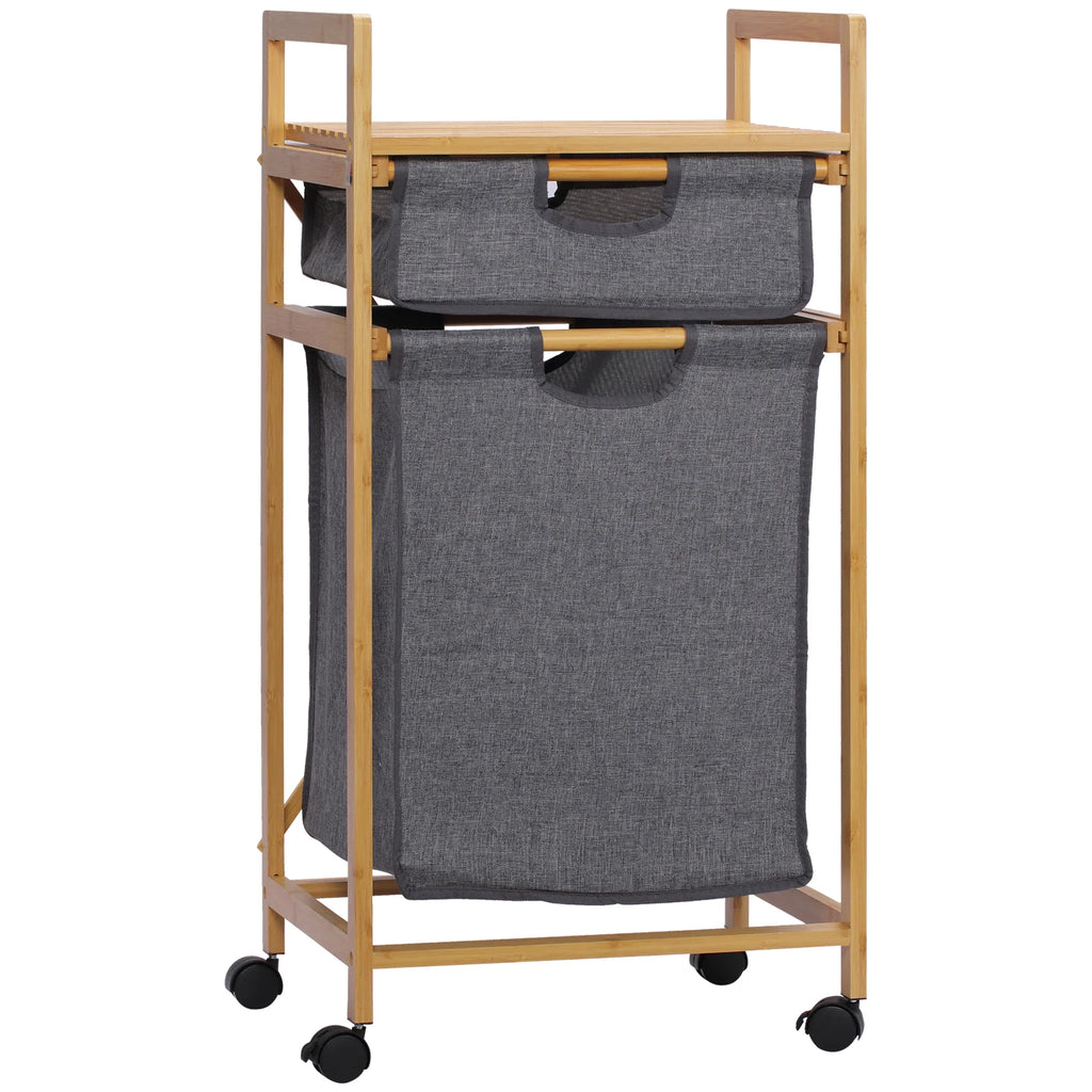 HOMCOM bamboo laundry hamper 2 removable cloth bags 42x35x84,5 cm - Natural wood and gray / 42x35x84.5 cm