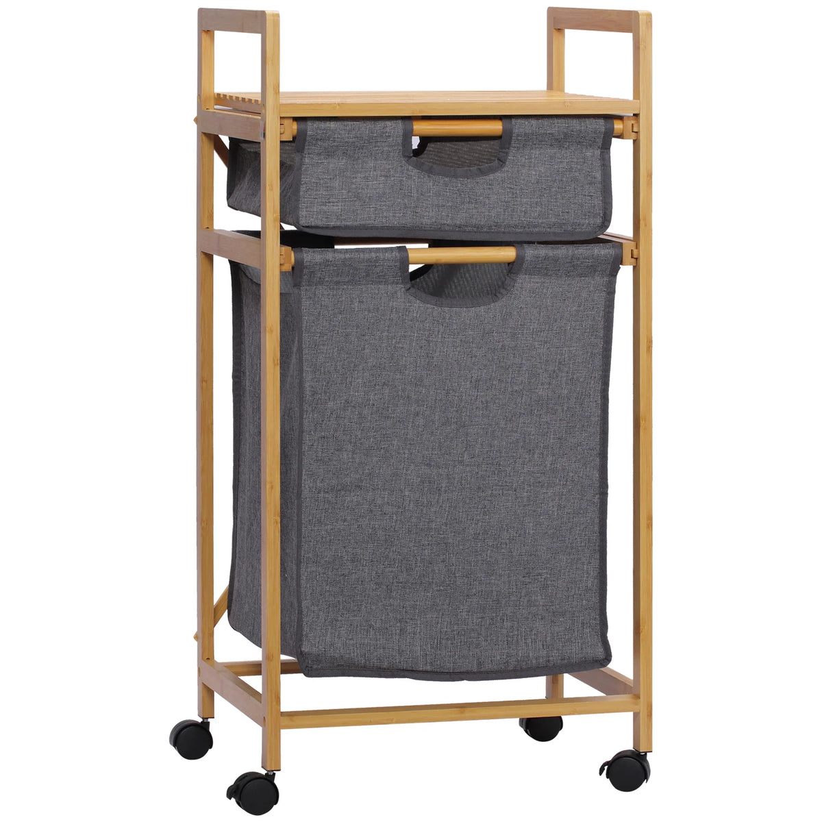 HOMCOM bamboo laundry hamper 2 removable cloth bags 42x35x84,5 cm - Natural wood and gray / 42x35x84.5 cm